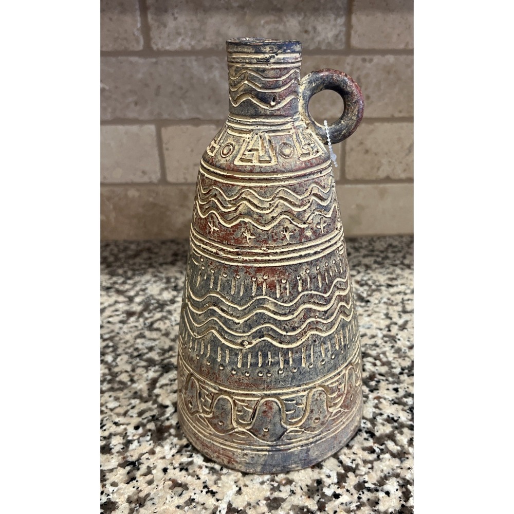Egyptian Aztec Jug Vessel Vase Clay Pottery 10.5" Tall Heavy Gray Red Brown